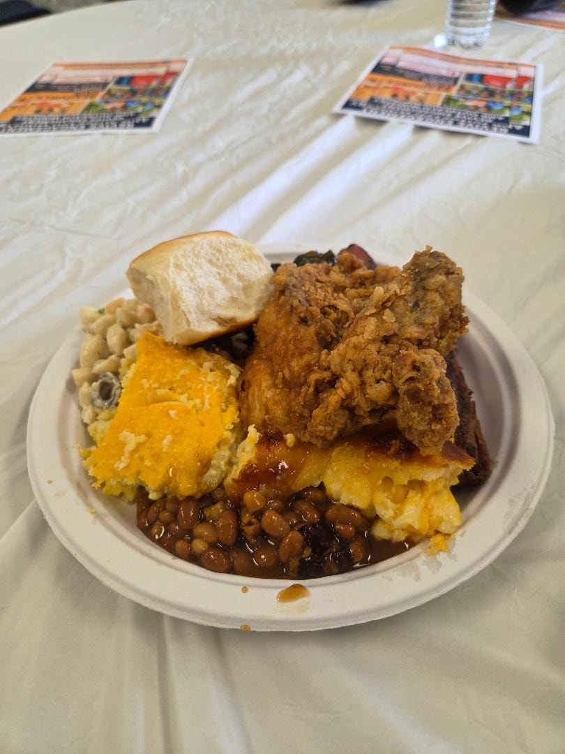 A delicious BBQ plate with fried chicken, mac and cheese, baked beans, and a roll — MLK Memorial Baptist Church 2026