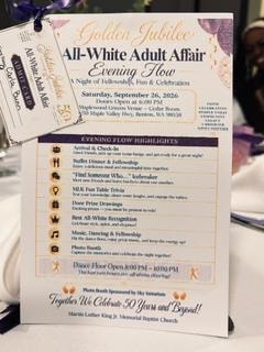 Golden Jubilee All-White Adult Affair Evening Flow program listing the schedule of events — MLK Memorial Baptist Church September 26, 2026