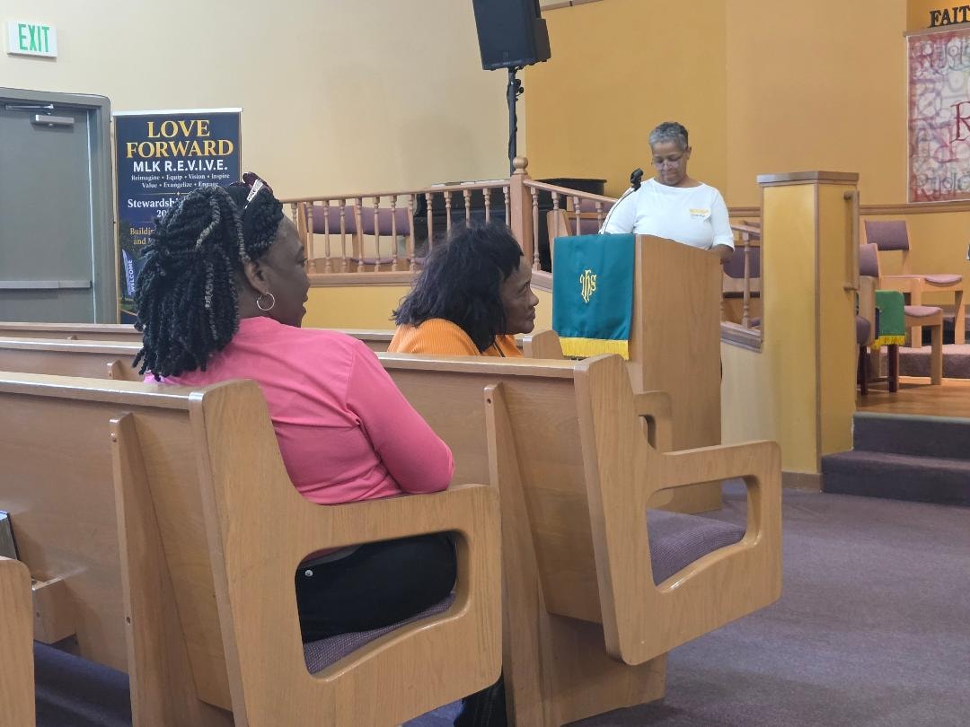 Deacon Chair, Pastor, and Sunday School Superintendent in the sanctuary — VBS Day 3 Assembly, MLK Memorial Baptist Church